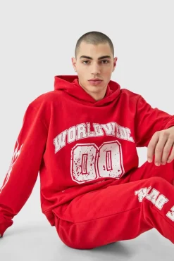 Cheap boohooMAN Oversized Boxy Worldwide Varsity Hooded Tracksuit red