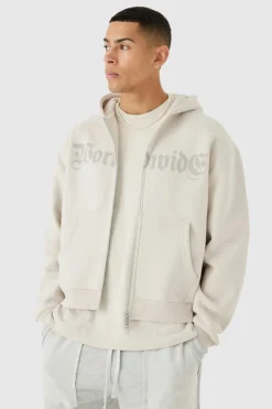 New boohooMAN Oversized Boxy Worldwide Zip Through Hoodie light grey