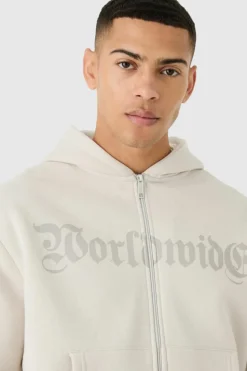 New boohooMAN Oversized Boxy Worldwide Zip Through Hoodie light grey