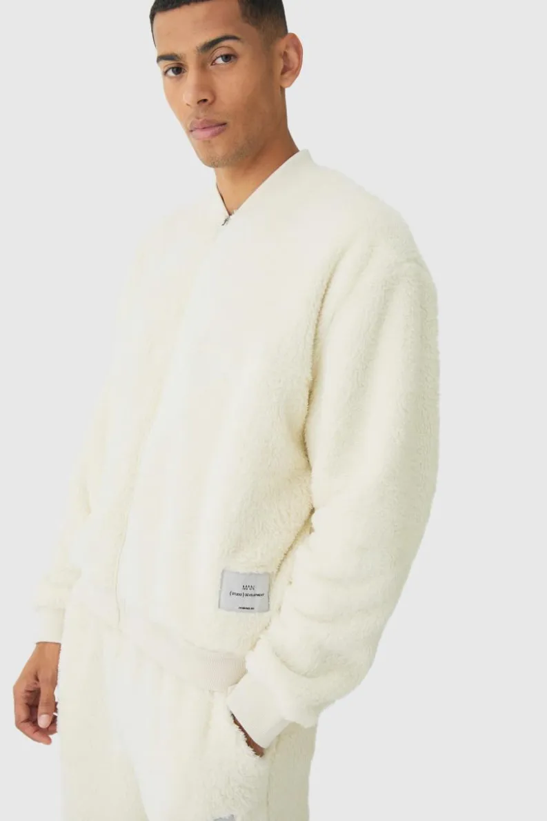 Cheap boohooMAN Oversized Boxy Woven Label Teddy Borg Bomber Jacket ecru