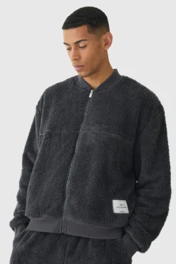 Clearance boohooMAN Oversized Boxy Woven Label Teddy Borg Bomber Jacket charcoal