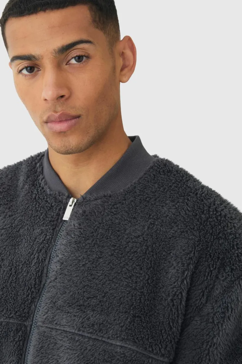 Clearance boohooMAN Oversized Boxy Woven Label Teddy Borg Bomber Jacket charcoal