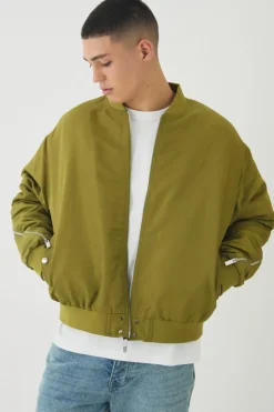 Outlet boohooMAN Oversized Boxy Zip Detail High Shine Bomber Jacket lime