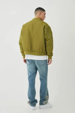 Outlet boohooMAN Oversized Boxy Zip Detail High Shine Bomber Jacket lime