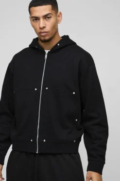 Sale boohooMAN Oversized Boxy Zip Through Carpenter Hoodie black