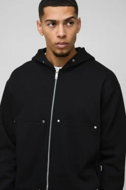 Sale boohooMAN Oversized Boxy Zip Through Carpenter Hoodie black