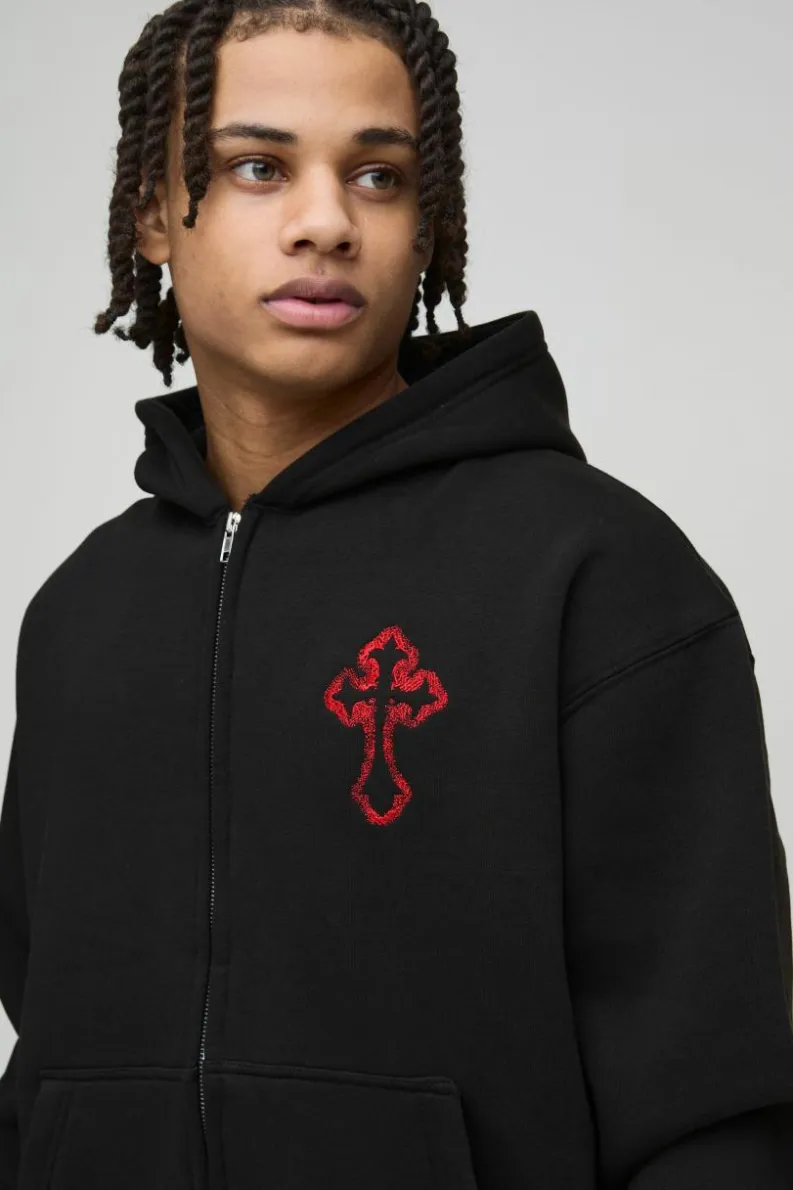 Discount boohooMAN Oversized Boxy Zip Through Embroidered Gothic Cross Hoodie black