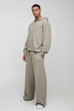 Fashion boohooMAN Oversized Boxy Zip Through Heavyweight Hooded Tracksuit stone
