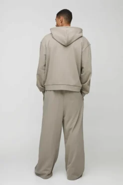 Fashion boohooMAN Oversized Boxy Zip Through Heavyweight Hooded Tracksuit stone