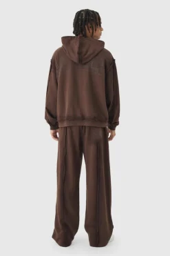 Best boohooMAN Oversized Boxy Zip Through Loopback Hoodie And Wide Jogger Tracksuit brown