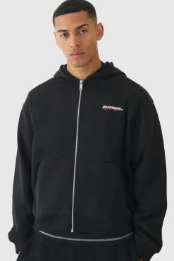 Cheap boohooMAN Oversized Boxy Zip Through Moto Print Hoodie black