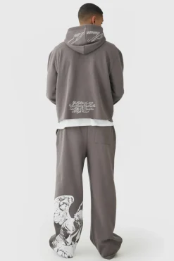 New boohooMAN Oversized Boxy Zip Through Renaissance Graphic Hooded Tracksuit charcoal