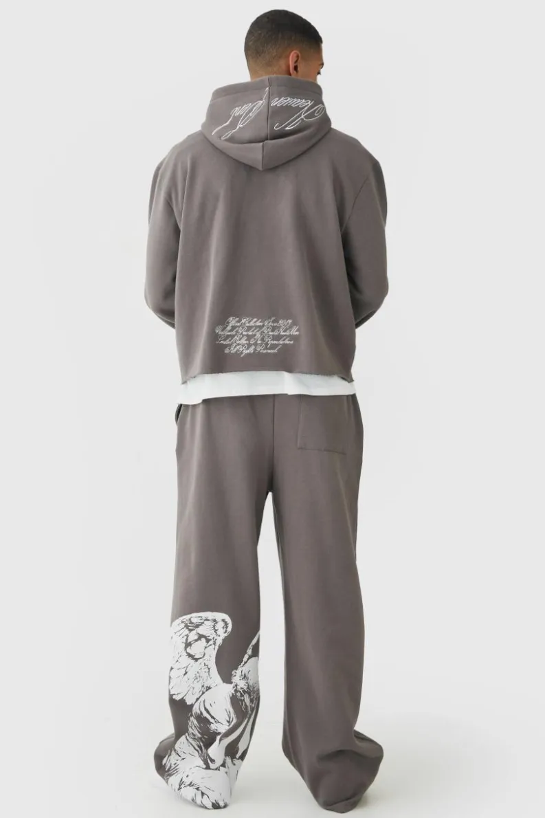 New boohooMAN Oversized Boxy Zip Through Renaissance Graphic Hooded Tracksuit charcoal