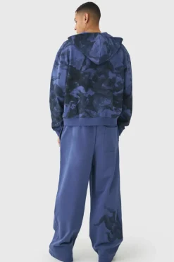 Store boohooMAN Oversized Boxy Zip Through Renaissance Print Hooded Tracksuit navy