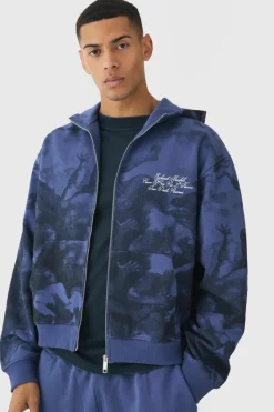 Store boohooMAN Oversized Boxy Zip Through Renaissance Print Hooded Tracksuit navy