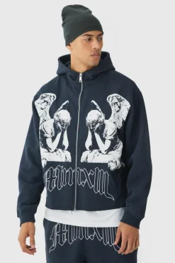 Best boohooMAN Oversized Boxy Zip Through Renaissance Graphic Hoodie slate blue