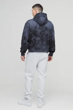 Shop boohooMAN Oversized Boxy Zip Through Renaissance Print Hoodie charcoal