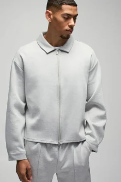 Flash Sale boohooMAN Oversized Boxy Zip Through Scuba Shirt grey marl