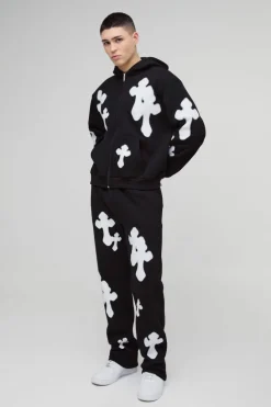 Clearance boohooMAN Oversized Boxy Zip Through Spray Cross Tracksuit black