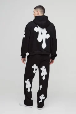 Clearance boohooMAN Oversized Boxy Zip Through Spray Cross Tracksuit black