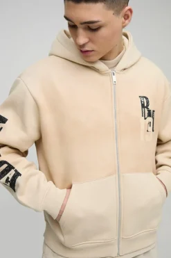 Flash Sale boohooMAN Oversized Boxy Zip Through Spray Wash Official Moto Hoodie stone