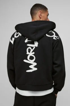 New boohooMAN Oversized Boxy Zip Through Worldwide Graffiti Print Zip Through Hoodie black