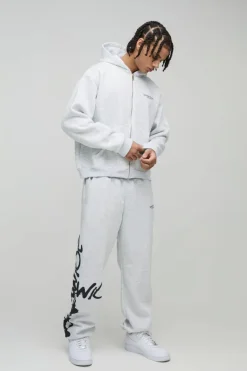 New boohooMAN Oversized Boxy Zip Through Worldwide Graffiti Print Zip Through Tracksuit grey