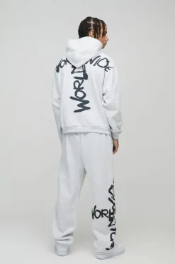 New boohooMAN Oversized Boxy Zip Through Worldwide Graffiti Print Zip Through Tracksuit grey