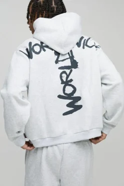 New boohooMAN Oversized Boxy Zip Through Worldwide Graffiti Print Zip Through Tracksuit grey