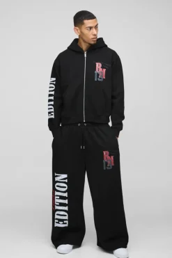 Flash Sale boohooMAN Oversized Boxy Zip Thru and Extreme Wide Leg Moto Tracksuit black