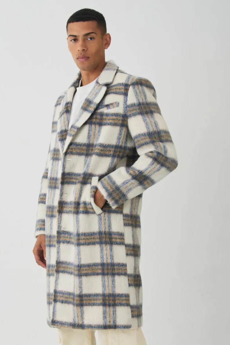 Best Sale boohooMAN Oversized Brushed Check Overcoat In ecru