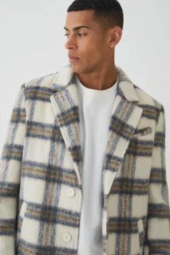 Best Sale boohooMAN Oversized Brushed Check Overcoat In ecru