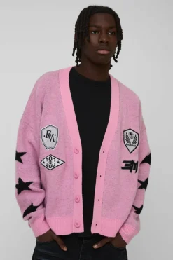 New boohooMAN Oversized Brushed Moto Knitted Cardigan pink