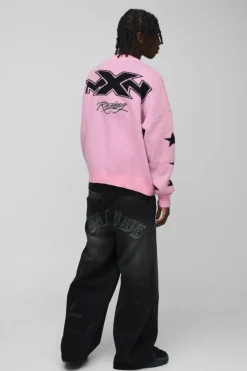 New boohooMAN Oversized Brushed Moto Knitted Cardigan pink