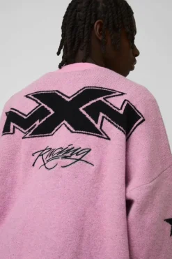 New boohooMAN Oversized Brushed Moto Knitted Cardigan pink