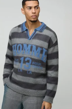 Online boohooMAN Oversized Brushed Striped V Neck Knit Polo grey
