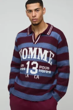 Flash Sale boohooMAN Oversized Brushed Striped V Neck Knit Polo burgundy