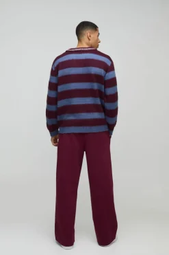 Flash Sale boohooMAN Oversized Brushed Striped V Neck Knit Polo burgundy