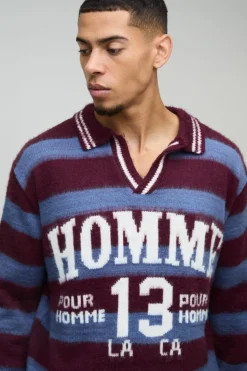Flash Sale boohooMAN Oversized Brushed Striped V Neck Knit Polo burgundy