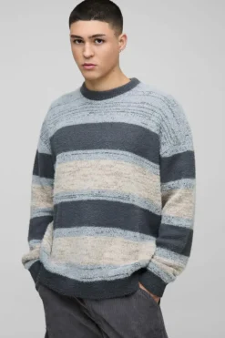 Hot boohooMAN Oversized Brushed Stripe Knitted Jumper stone