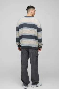 Hot boohooMAN Oversized Brushed Stripe Knitted Jumper stone