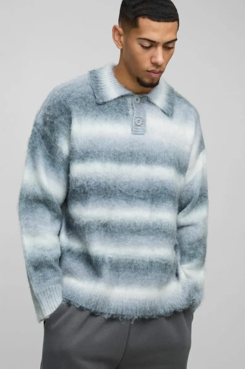 Best Sale boohooMAN Oversized Brushed Stripe Knitted Rugby Polo grey
