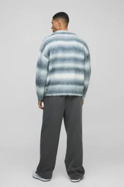 Best Sale boohooMAN Oversized Brushed Stripe Knitted Rugby Polo grey