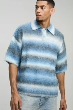 Shop boohooMAN Oversized Brushed Stripe Short Sleeve Knitted Polo blue