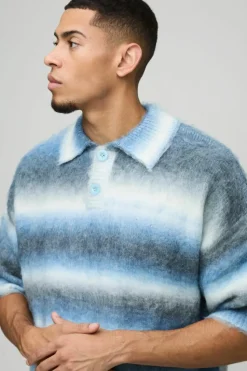 Shop boohooMAN Oversized Brushed Stripe Short Sleeve Knitted Polo blue