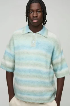 Fashion boohooMAN Oversized Brushed Stripe Short Sleeve Knitted Polo green