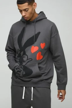 Fashion boohooMAN Oversized Bugs Bunny License Print Hoodie charcoal