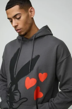 Fashion boohooMAN Oversized Bugs Bunny License Print Hoodie charcoal
