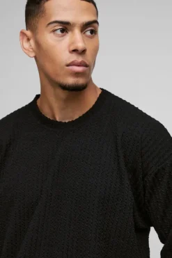Best boohooMAN Oversized Cable Jacquard Sweatshirt black