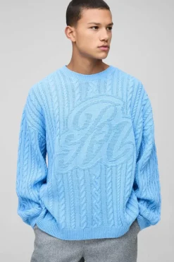 Cheap boohooMAN Oversized Cable Knit BM Crew Neck Knit Jumper blue